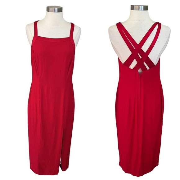 Vintage SL Fashions Red Front Slit Midi Strappy Back Dress Square Neck 10